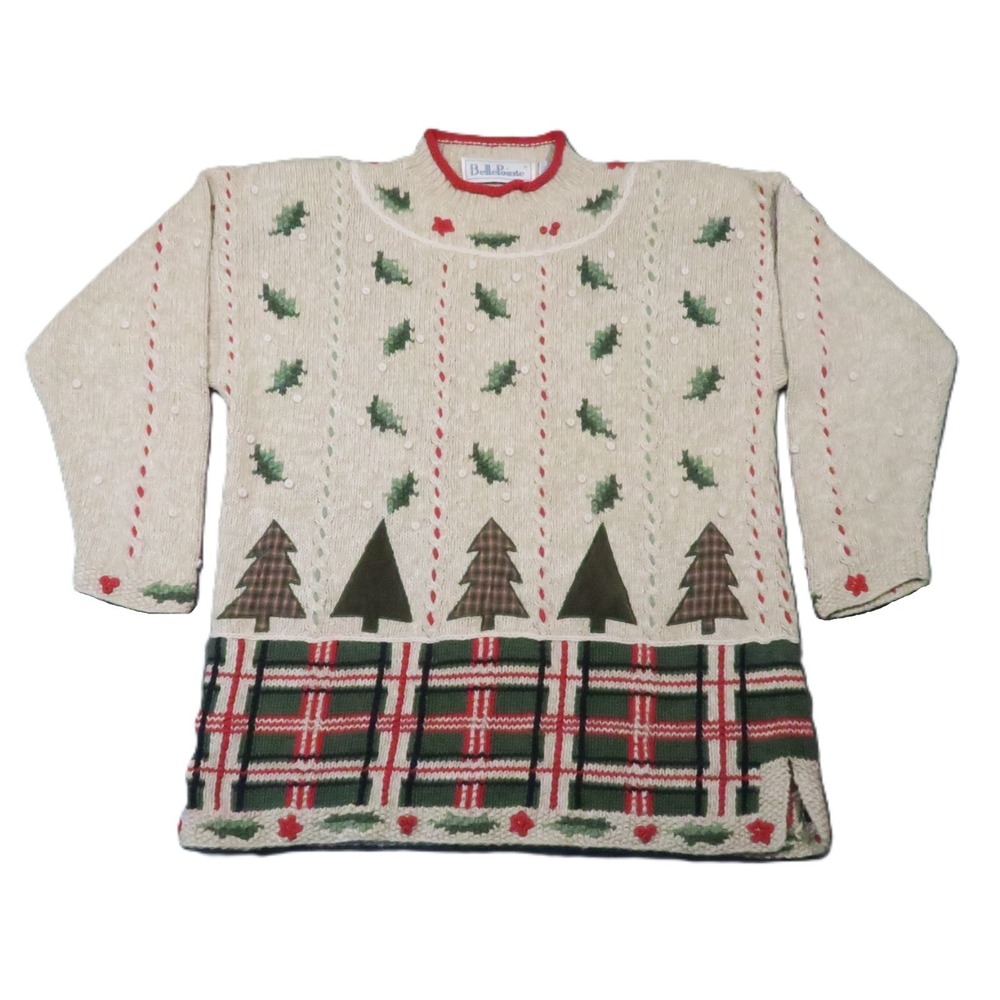 Vtg‎ BellePointe Christmas Tree Sweater XL Beige Applique Holiday Grandma Holly